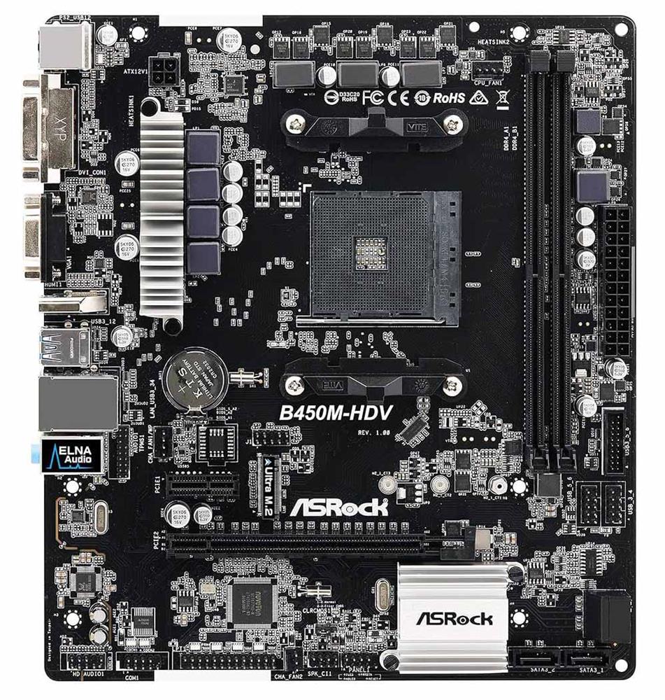 90-MXB830-A0UAYZ ASRock B450M-HDV Socket AM4 AMD Promontory B450 Chipset AMD Core 2 Quad Processors Support DDR4 2x DIMM 4x SATA3 6.0Gb/s Micro-ATX Motherboard (Refurbished)