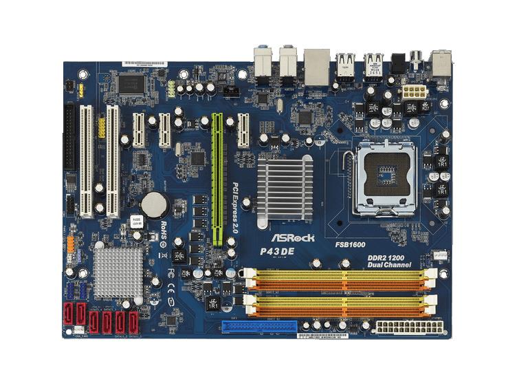 90-MXG9W0-A0UAYZ ASRock P43DE Socket LGA 775 Intel P43 + ICH10 Chipset Core 2 Extreme/ Core 2 Quad/ Core 2 Duo/ Pentium Dual-Core/ Celeron Dual-Core/ Celeron Processors Support DDR2 4x DIMM 6x SATA2 3.0Gb/s ATX Motherboard (Refurbished)