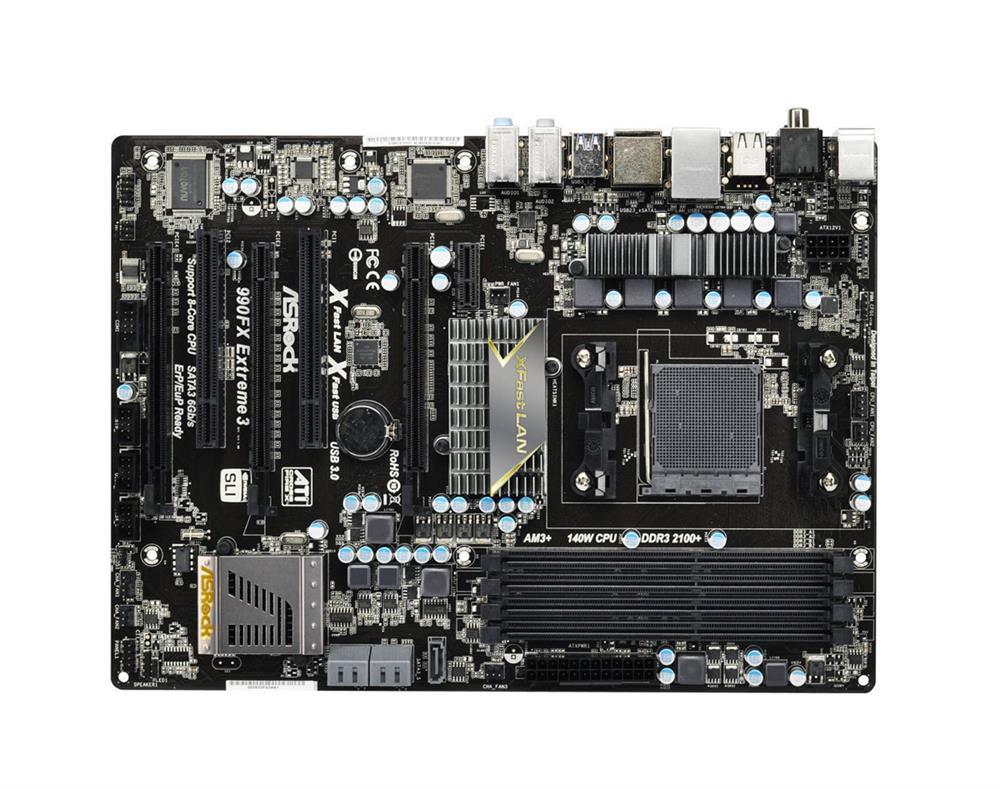 90-MXGK50-A0UAYZ ASRock 990FX Extreme3 Socket AM3+/AM3 AMD 990FX/SB950 Chipset AMD Phenom II X6/X4/X2/ Athlon II X4/X3/X2/ Sempron Processors Support DDR3 4x DIMM 5x SATA3 6.0Gb/s ATX Motherboard (Refurbished)