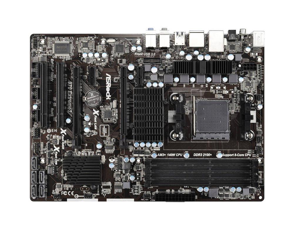 970 Extreme3 R2.0 ASRock Socket AM3+/AM3 AMD 970/SB950 Chipset AMD Phenom II X6/X4/X3/X2/ Athlon II X4/X3/X2/ Sempron Processors Support DDR3 4x DIMM 5x SATA3 6.0Gb/s ATX Motherboard (Refurbished)