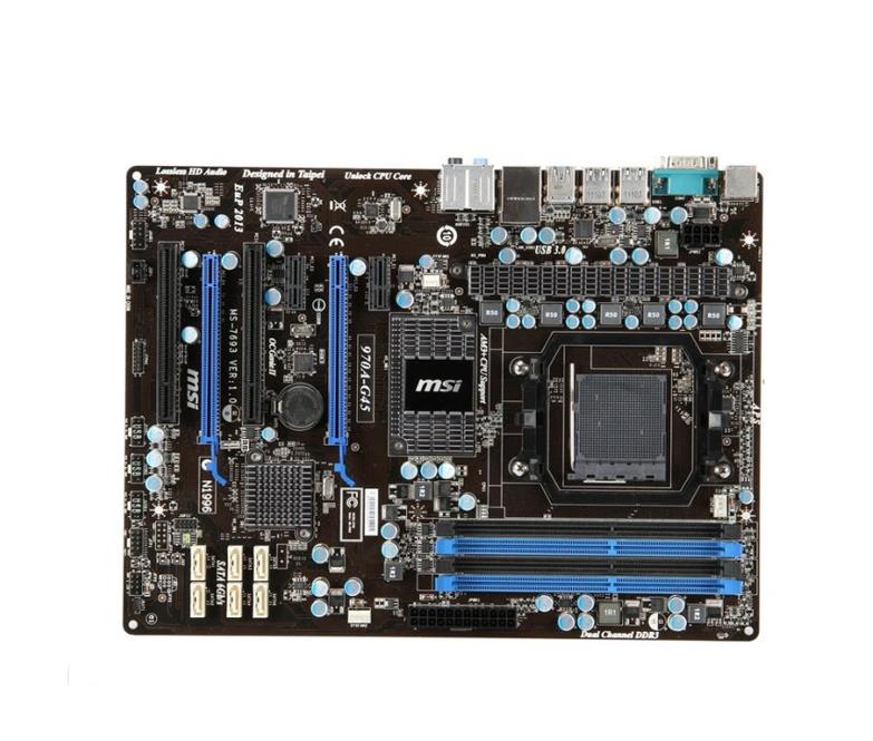 970A-G45 MSI Socket AM3+ AMD 970 + SB950 Chipset AMD Phenom II/ Athlon II/ AMD Sempron Processors Support DDR3 4x DIMM 6x SATA 6.0Gb/s ATX Motherboard (Refurbished)