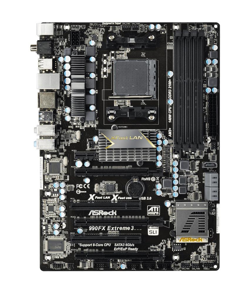 990FX Extreme3 ASRock Socket AM3+/AM3 AMD 990FX/SB950 Chipset AMD Phenom II X6/X4/X2/ Athlon II X4/X3/X2/ Sempron Processors Support DDR3 4x DIMM 5x SATA3 6.0Gb/s ATX Motherboard (Refurbished)