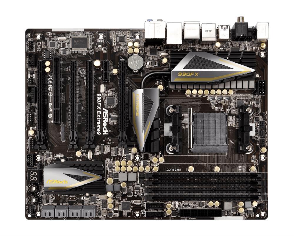990FX Extreme9 ASRock Socket AM3+ AMD 990FX/SB950 Chipset AMD Phenom II X6/X4/X3/X2/ Athlon II X4/X3/X2/ Sempron Processors Support DDR3 4x DIMM 8x SATA3 6.0Gb/s ATX Motherboard (Refurbished)