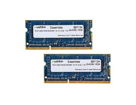 997134 Mushkin Essentials 16GB Kit (2 X 8GB) PC3-14900 DDR3-1866MHz non-ECC Unbuffered CL13 204-Pin SoDimm Dual Rank Memory
