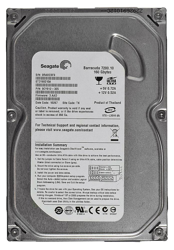 9CY012-305 Seagate Barracuda 7200.10 160GB 7200RPM ATA-100 2MB Cache 3.5-inch Internal Hard Drive