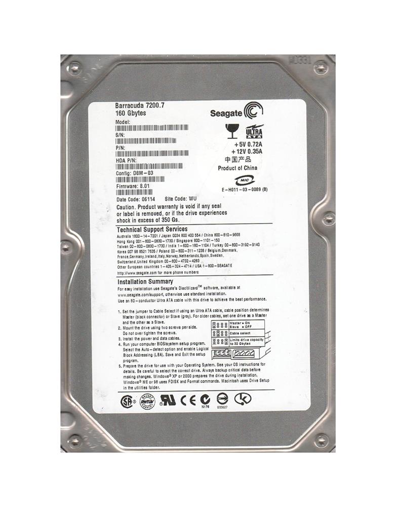9W2011-001 Seagate Barracuda 7200.7 160GB 7200RPM SATA 1.5Gbps 2MB Cache 3.5-inch Internal Hard Drive