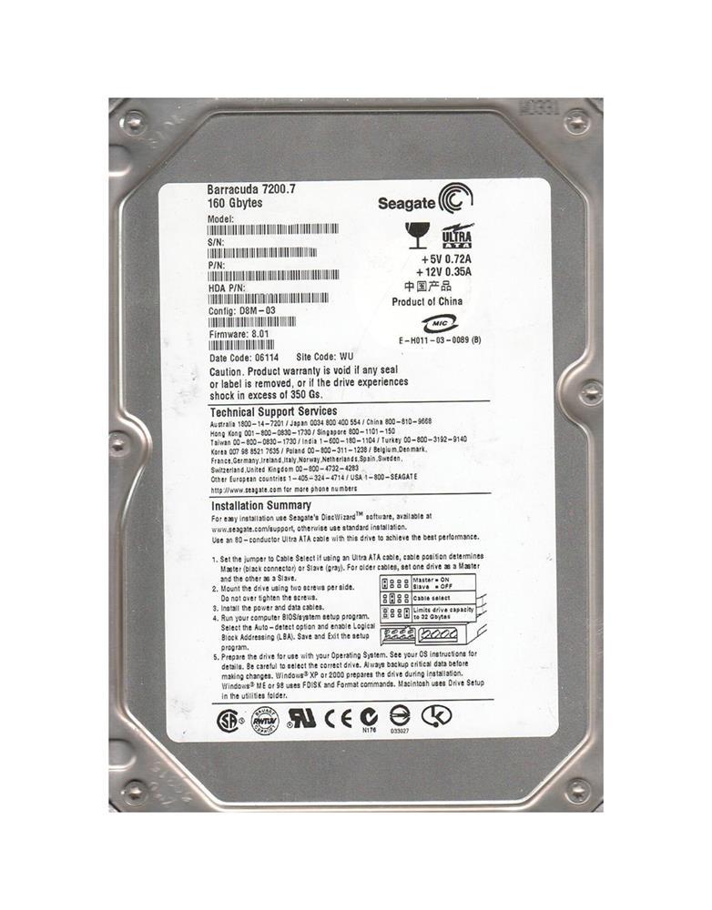 9W2011-009 Seagate Barracuda 7200.7 160GB 7200RPM SATA 1.5Gbps 2MB Cache 3.5-inch Internal Hard Drive