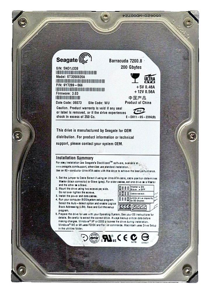 9Y7289-066 Seagate Barracuda 7200.8 200GB 7200RPM ATA-100 8MB Cache 3.5-inch Internal Hard Drive