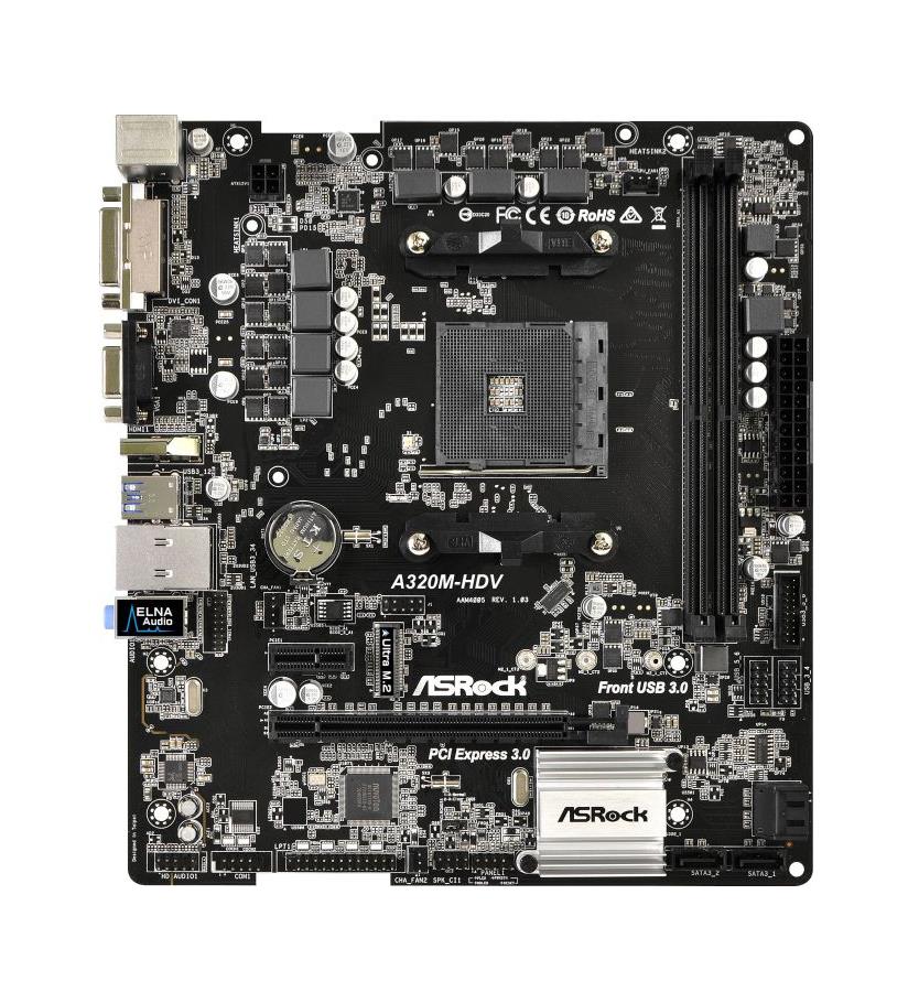 A320M-HDV ASRock Socket AM4 AMD Promontory A320 Chipset AMD A-Series/ AMD Ryzen Series Processors Support DDR4 2x DIMM 4x SATA3 6.0Gb/s Micro-ATX Motherboard (Refurbished)