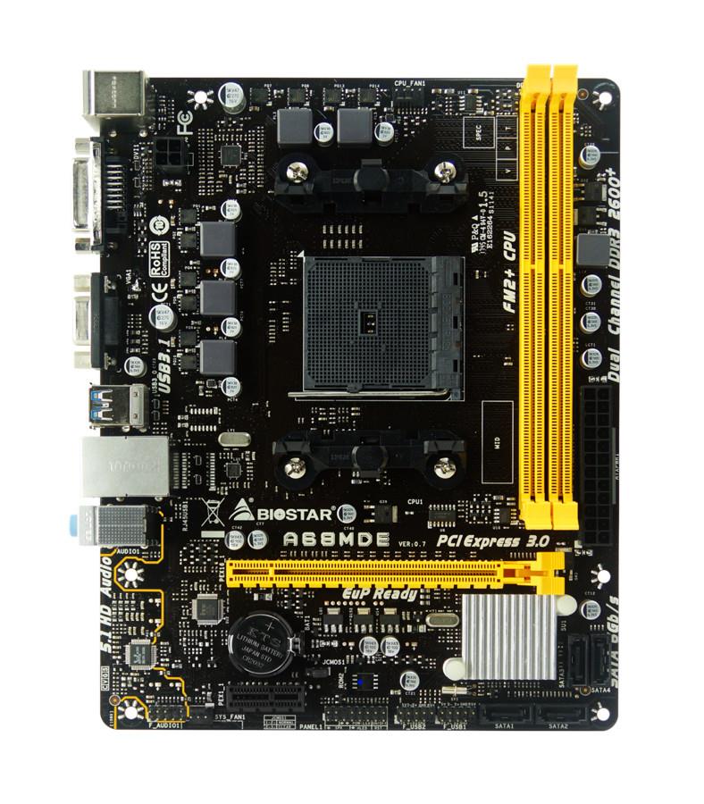 A68MDE Biostar Socket FM2+ AMD A68H Chipset AMD A-Series/ AMD E2-Series Processors Support DDR3 2x DIMM 4x SATA3 6.0Gb/s Micro-ATX Motherboard (Refurbished)