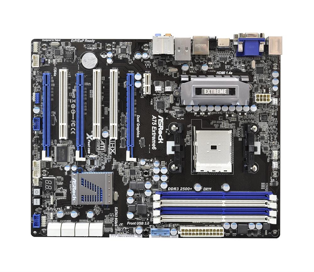 A75-EXTREME6 ASRock Socket FM1 AMD A75 Chipset 100W Processors Support DDR3 4x DIMM 6x SATA3 6.0Gb/s ATX Motherboard (Refurbished)