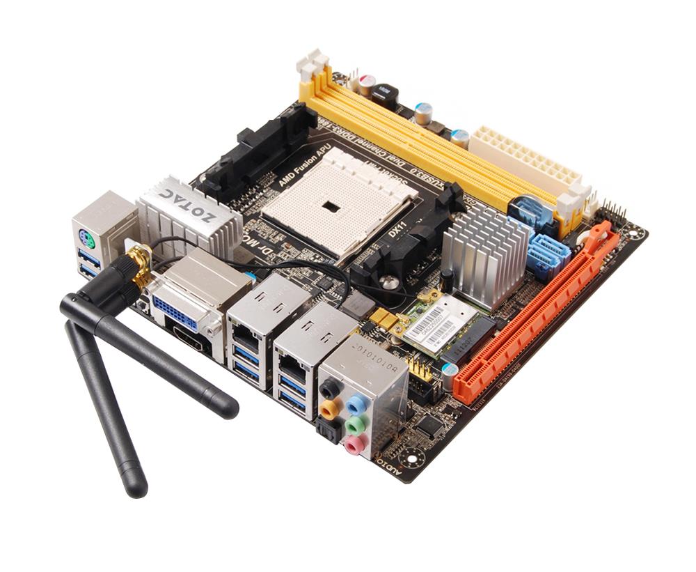 A75ITX-A-E Zotac Socket FM1 AMD A75 Chipset AMD A-Series/ AMD E2-Series Processors Support DDR3 2x DIMM 4x SATA 6.0Gb/s Mini-ITX Motherboard (Refurbished) 
