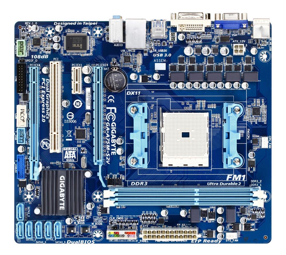 A75M-S2V Gigabyte Socket FM1 AMD A75 Chipset AMD A-Series/ E2-Series Processors Support DDR3 2x DIMM 6x SATA 6.0Gb/s Micro-ATX Motherboard (Refurbished)