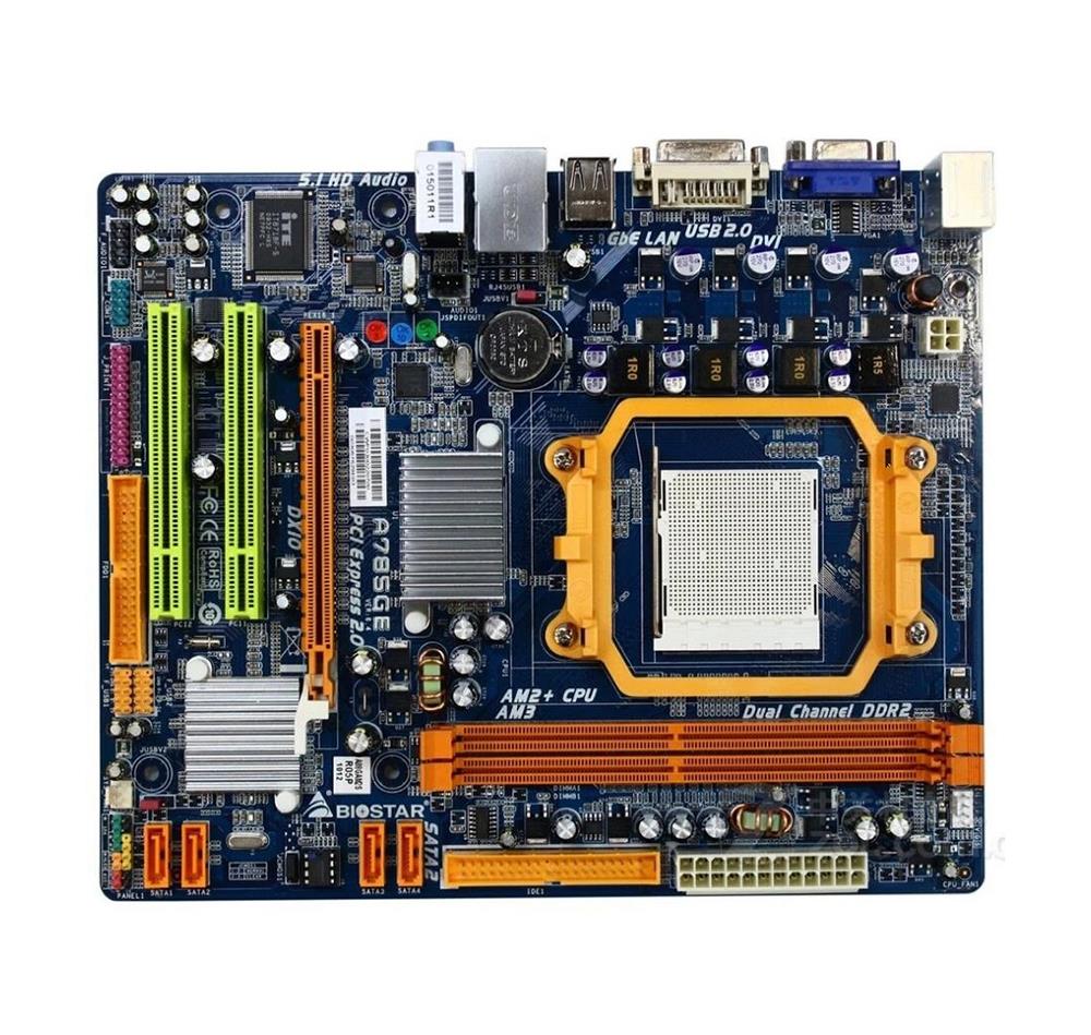 A785GE-R Biostar Socket AM3/AM2+/AM2 AMD 785G + SB700 Chipset AMD Phenom II X4/ Phenom II X3/ Phenom X4/ AMD Athlon II X4/ Athlon II X3/ Athlon II X2/ Athlon 64 FX/ Athlon 64 X2/ Athlon 64/ AMD Sempron Processors Support DDR 2x DIMM 6x SATA 3.0Gb/s Micro-ATX Motherboard (Refurbished)
