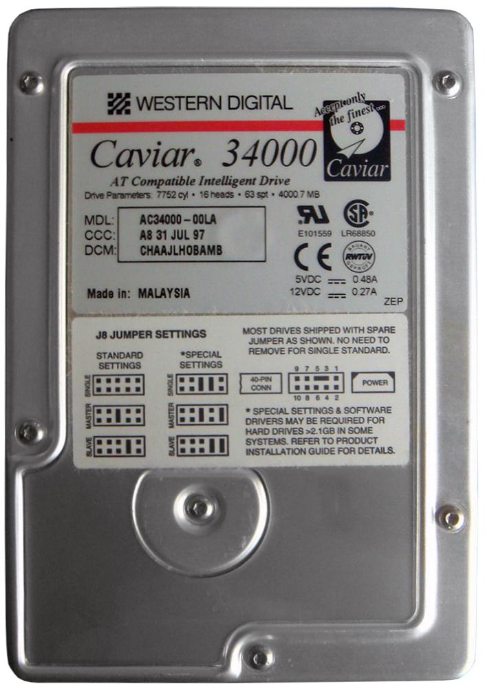 AC34000 Western Digital Caviar 4GB 5200RPM ATA-33 256KB Cache 3.5-inch Internal Hard Drive