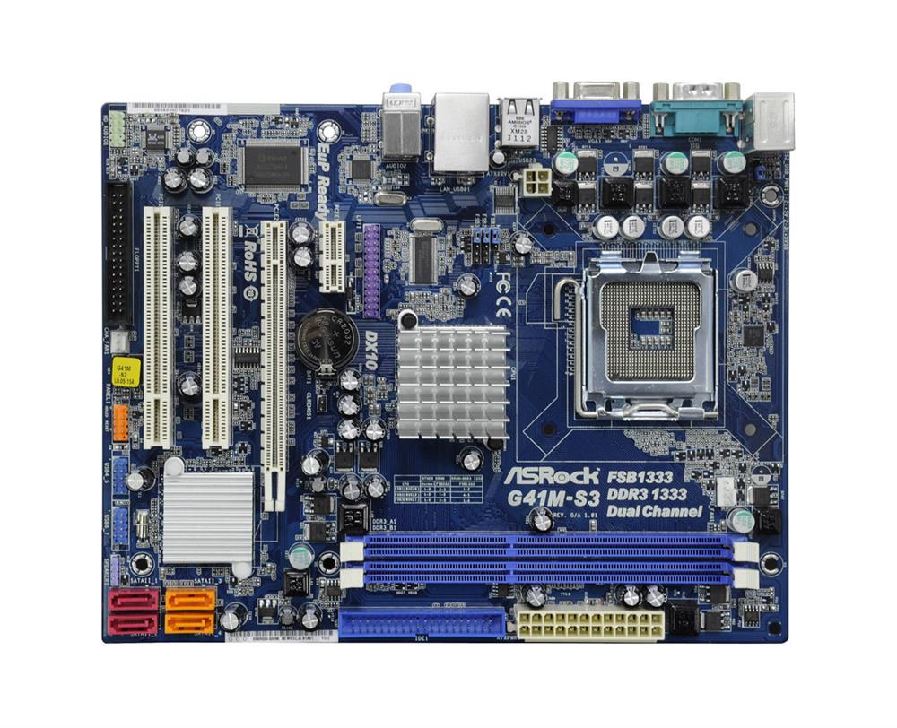 ASR-G41M-S3 ASRock G41M-S3 Socket LGA 775 Intel G41 + ICH7 Chipset Core 2 Extreme/ Core 2 Quad/ Core 2 Duo/ Pentium Dual-Core/ Celeron Dual-Core/ Celeron Processors Support DDR3 2x DIMM 4x SATA2 3.0Gb/s Micro-ATX Motherboard (Refurbished)