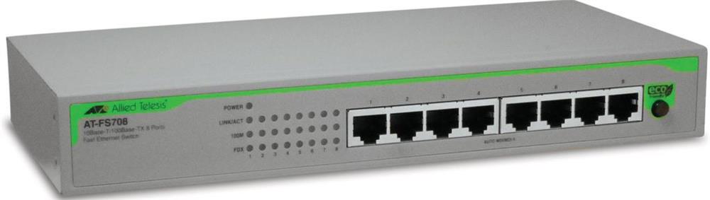 AT-FS708 Allied Telesis 8-Ports RJ-45 100Mbps 10Base-T/100Base-TX Fast Ethernet Unmanaged Desktop Switch (Refurbished)