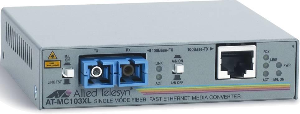 AT-MC103XL Allied Telesis 100Mbps 100Base-FX/TX Single-mode Fiber 15km 1310nm RJ-45 / SC Connector Media Converter (Refurbished)