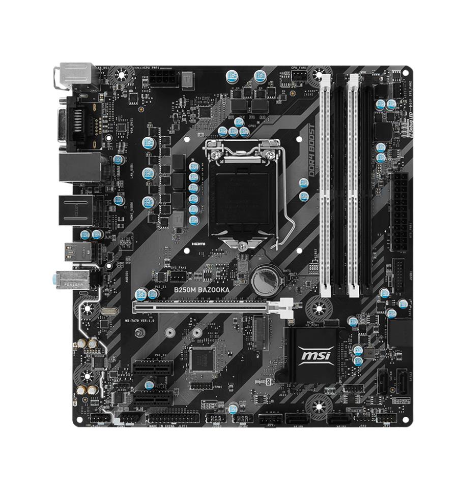 B250M-BAZOOKA-R MSI B250M BAZOOKA Socket LGA 1151 Intel B250 Chipset 7th/6th Generation Core i7 / i5 / i3 / Pentium / Celeron Processors Support DDR4 4x DIMM 6x SATA 6.0Gb/s Micro-ATX Motherboard (Refurbished)
