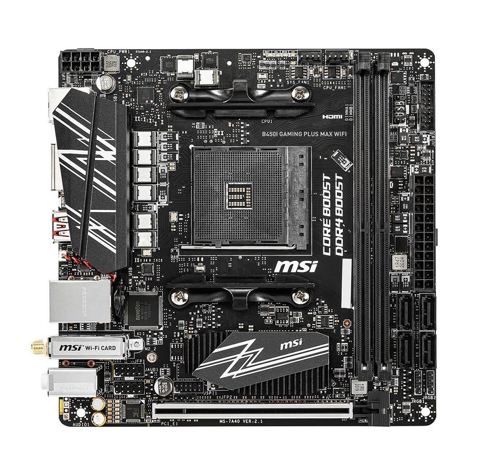 B450I GAMING PLUS MAX WIFI MSI Socket AM4 AMD B450 Chipset AMD Ryzen 1st/2nd & 3rd Generation Processors Support DDR4 2x DIMM 4x SATA 6.0Gb/s Mini-ITX Motherboard (Refurbished)