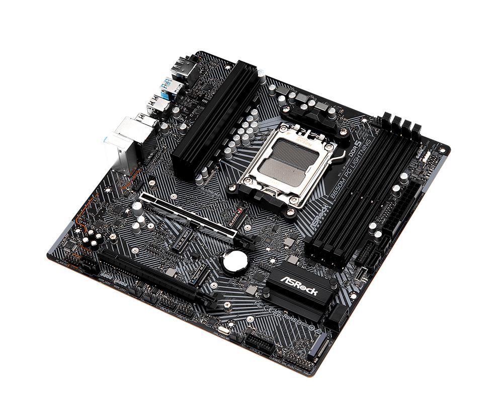 B650M PG Lightning ASRock Socket AM5 AMD B650 Chipset AMD AM5 Ryzen 9000, 8000 and 7000 Series Processors Support DDR5 4x DIMM 4x SATA3 6.0Gb/s Micro-ATX Motherboard (Refurbished)