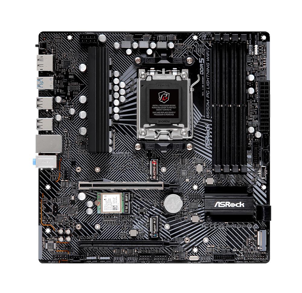 B650M PG Lightning WiFi ASRock Socket AM5 AMD B650 Chipset AMD AM5 Ryzen 9000, 8000 and 7000 Series Processors Support DDR5 4x DIMM 4x SATA3 6.0Gb/s Micro-ATX Motherboard (Refurbished)