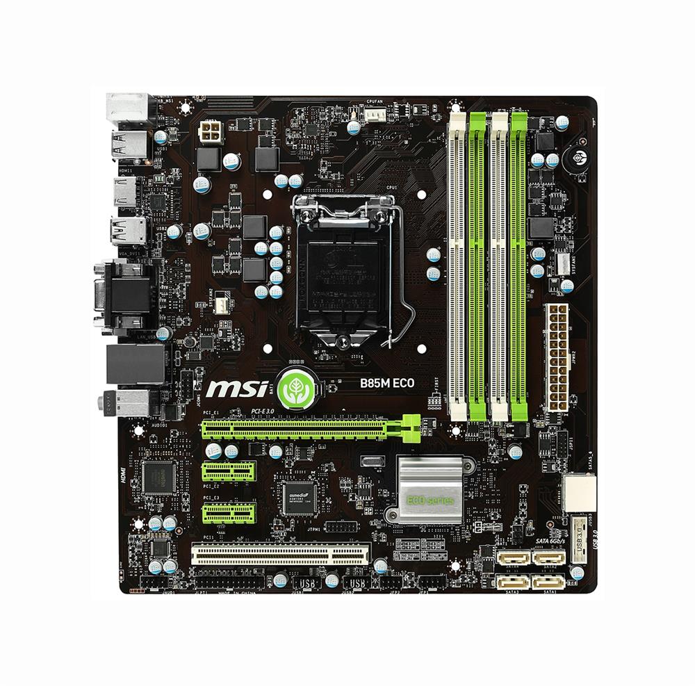 B85M ECO MSI Socket LGA 1150 Intel B85 Express Chipset 4th Generation Core i7 / Pentium / Celeron Processors Support DDR3 4x DIMM 4x SATA 6.0Gb/s Micro-ATX Motherboard (Refurbished)