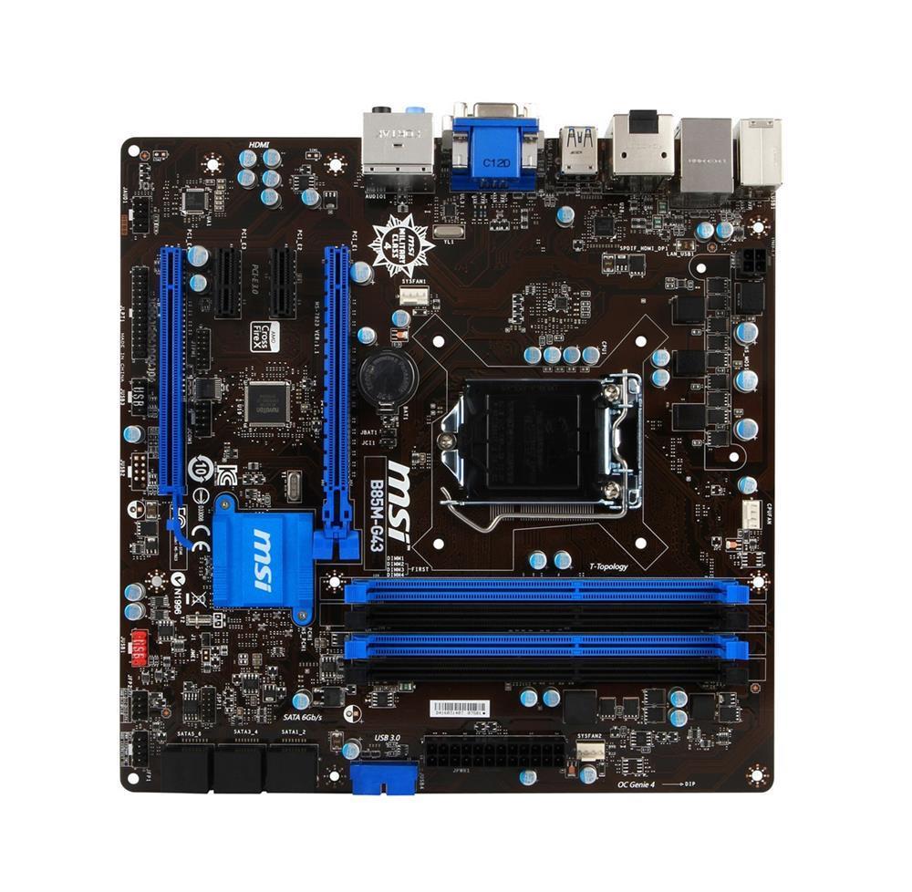 B85MG431 MSI B85M-G43 Socket LGA 1150 Intel B85 Chipset 4th Generation Core i7 / i5 / i3 / Pentium Celeron Processors Support DDR3 4x DIMM 4x SATA 6.0Gb/s Micro-ATX Motherboard (Refurbished)
