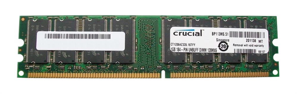 CT12864Z335.16TFY Crucial 1GB PC2700 DDR-333MHz non-ECC Unbuffered CL2.5 184-Pin DIMM 2.5V Memory Module
