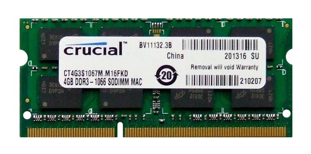 CT4G3S1067M.M16FKD Crucial 4GB PC3-8500 DDR3-1066MHz non-ECC Unbuffered CL7 204-Pin SoDimm 1.35V Low Voltage Memory Module