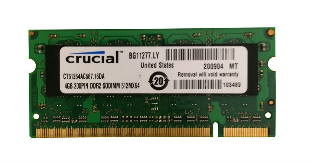 CT51264AC667.16DA Crucial 4GB PC2-5300 DDR2-667MHz non-ECC Unbuffered CL5 200-Pin SoDimm Memory Module