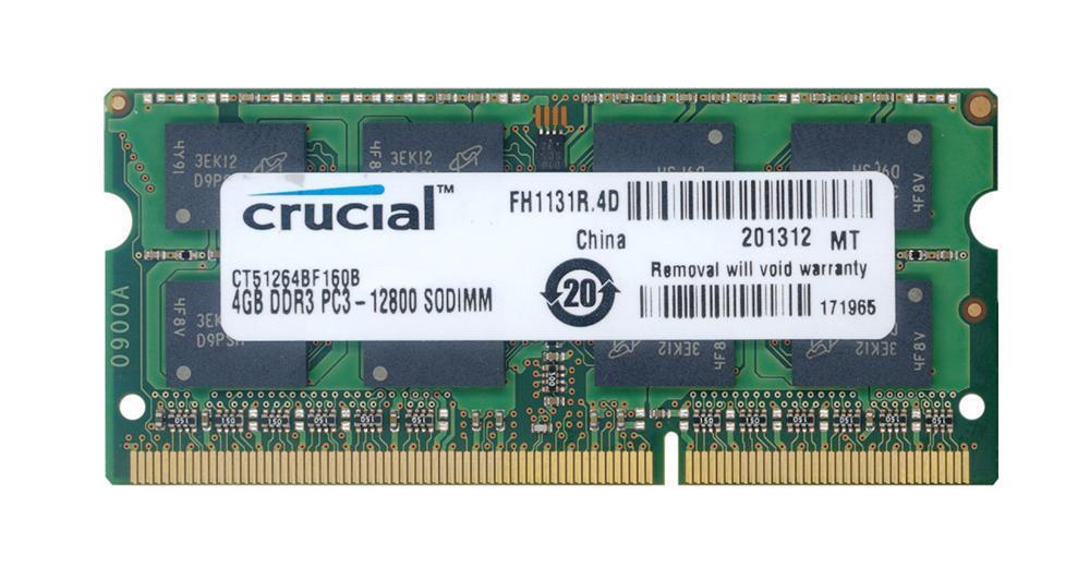 CT51264BF160B-AA-A1 Crucial 4GB PC3-12800 DDR3-1600MHz non-ECC Unbuffered CL11 204-Pin SoDimm 1.35V Low Voltage Dual Rank Memory Module