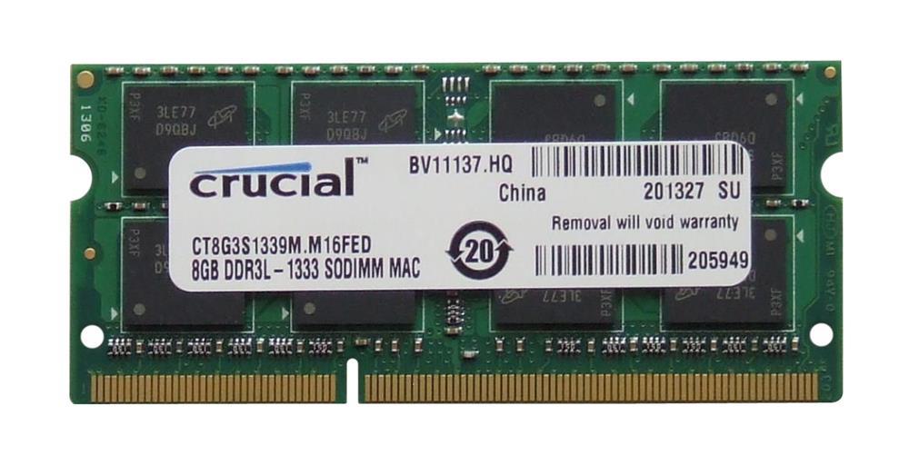 CT8G3S1339M.M16FED Crucial 8GB PC3-10600 DDR3-1333MHz non-ECC Unbuffered CL9 204-Pin SoDimm 1.35V Low Voltage Memory Module for Apple