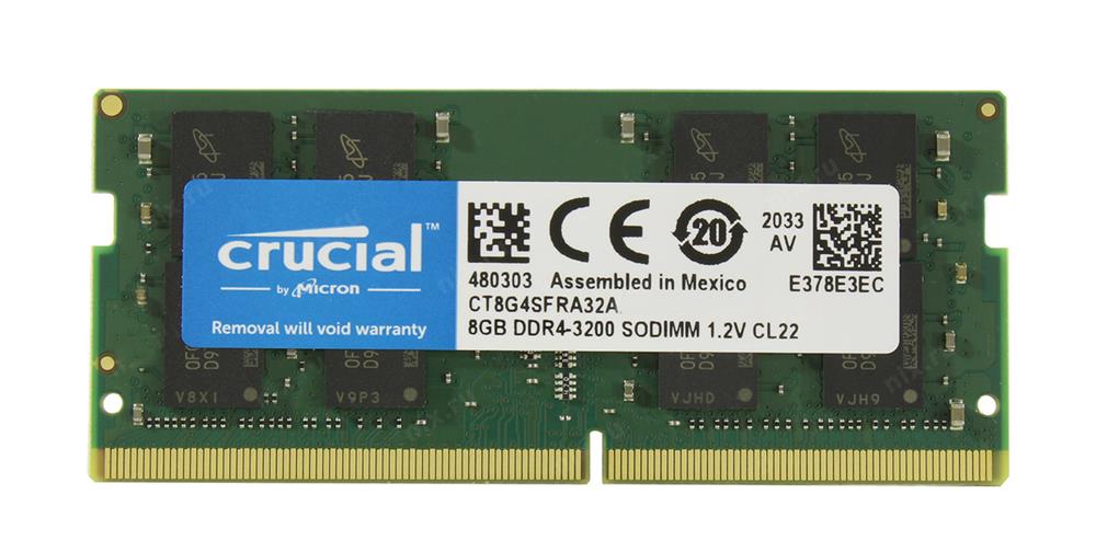 CT8G4SFRA32A Crucial 8GB PC4-25600 DDR4-3200MHz non-ECC Unbuffered CL22 260-Pin SoDimm 1.2V Single Rank Memory Module