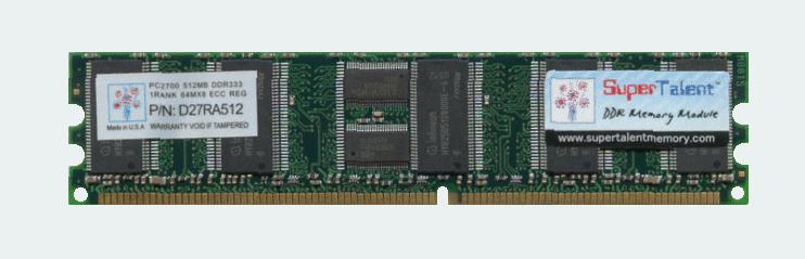 D27RA512 Super Talent 512MB PC2700 DDR-333MHz Registered ECC CL2.5 184-Pin DIMM 2.5V Memory Module