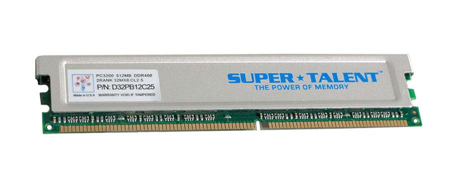 D32PB12C25 Super Talent 512MB PC3200 DDR-400MHz non-ECC Unbuffered CL2.5 184-Pin DIMM Memory Module