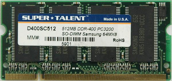 D400SC512 Super Talent 512MB PC3200 DDR-400MHz non-ECC Unbuffered CL3 200-Pin SoDimm Memory Module