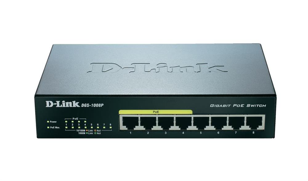 DGS-1008P/E D-Link 8-Ports 4 4 x 10/ 100/ 1000Base-T 10/ 100/ 1000Base-T Power Over Ethernet Switch (Refurbished)
