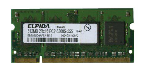 EBE52UD6AFSA-6E-E Elpida 512MB PC2-5300 DDR2-667MHz non-ECC Unbuffered CL5 200-Pin SoDimm Dual Rank Memory Module