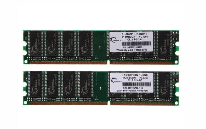 F1-3200PHU2-1GBNS G.SKILL 1GB Kit (2 X 512MB) PC3200 DDR-400MHz non-ECC Unbuffered CL2.5 (2.5-4-4-6) 184-Pin DIMM Memory