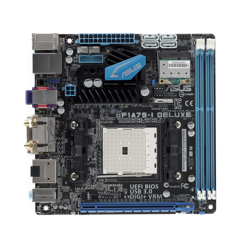 F1A75-I DELUXE ASUS Socket FM1 AMD A75 FCH Chipset AMD A-Series/ E2-Series Accelerated Processors Support DDR3 2x DIMM 4x SATA 6.0Gb/s Mini-ITX Motherboard (Refurbished)