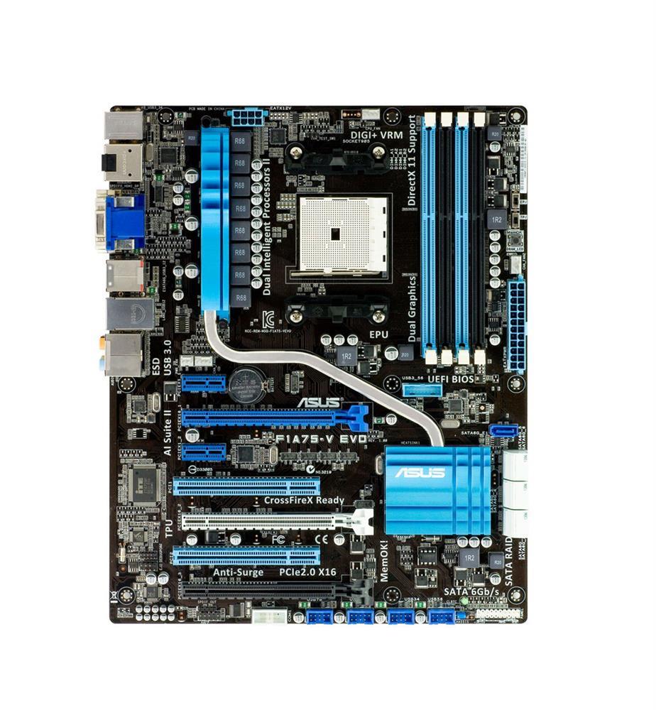 F1A75VEVO ASUS F1A75-V EVO Socket FM1 AMD A75 FCH (Hudson D3) Chipset AMD A-Series/E2-Series Accelerated Processors Support DDR3 4x DIMM 6x SATA 6.0Gb/s ATX Motherboard (Refurbished)