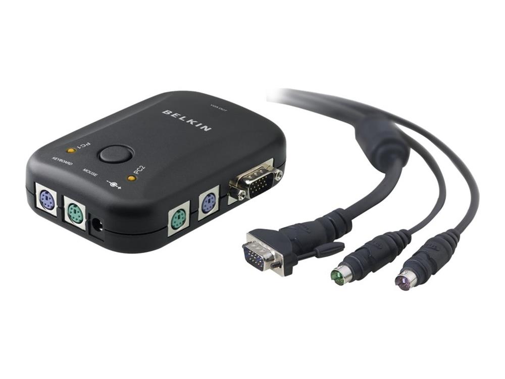 F1DJ102P-B Belkin 2-Port KVM Switch Bundled With Cables 2 x 1 1 x mini-DIN (PS/2) Keyboard, 1 x mini-DIN (PS/2) Mouse, 1 x HD-15 Video (Refurbished)