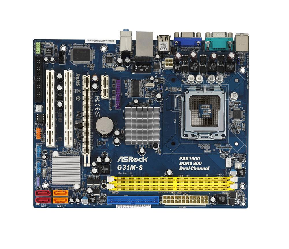 G31M-S ASRock Socket LGA 775 Intel G31 + ICH7 Chipset Core 2 Extreme/ Core 2 Quad/ Core 2 Duo/ Pentium Dual-Core/ Celeron Dual-Core Processors Support DDR2 2x DIMM 4x SATA2 3.0Gb/s Micro-ATX Motherboard (Refurbished)