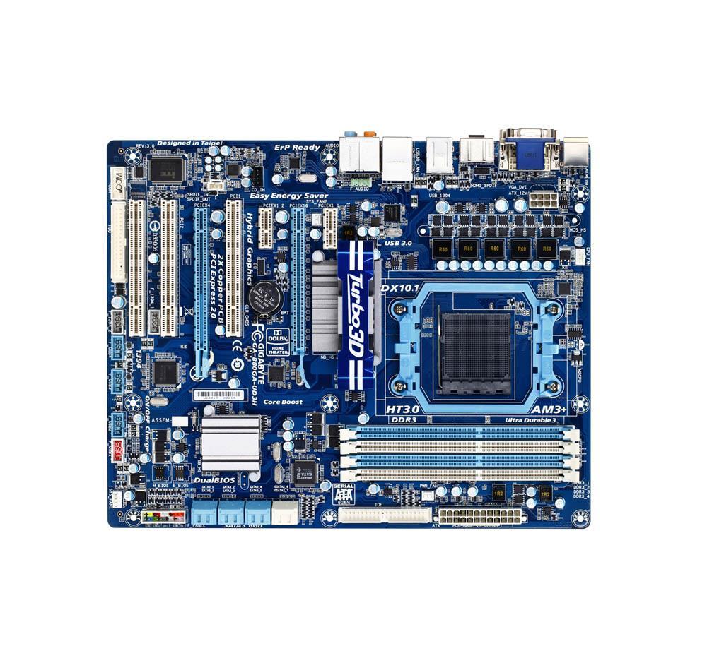 GA-880GA-UD3H-A1 Gigabyte Socket AM3+ AMD 880G/ SB850 Chipset AMD AM3+ /AM3 Phenom II/ Athlon II Processors Support DDR3 4x DIMM 6x SATA 3.0Gb/s ATX Motherboard (Refurbished)