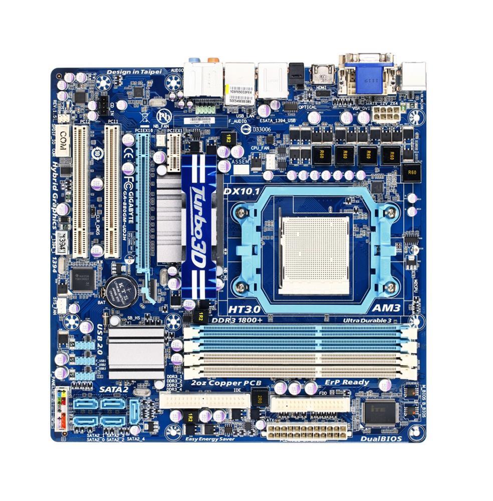 GA-880GM-UD2H-A1 Gigabyte Socket AM3+ AMD 880G/ SB710 Chipset AMD Phenom II/ Athlon II Processors Support DDR3 4x DIMM 5x SATA 3.0Gb/s Micro-ATX Motherboard (Refurbished)