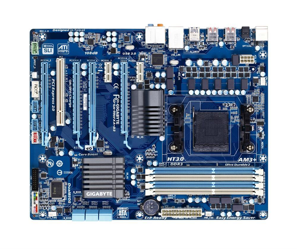 GA-990FXA-D3(rev.1.x) Gigabyte Socket AM3+ AMD 990FX/ SB950 Chipset AMD AM3+ FX/ AM3 Phenom II/ Athlon II Processors Support DDR3 4x DIMM 6x SATA 6.0Gb/s ATX Motherboard (Refurbished) GA-990FXA-D3 (rev. 1.x)