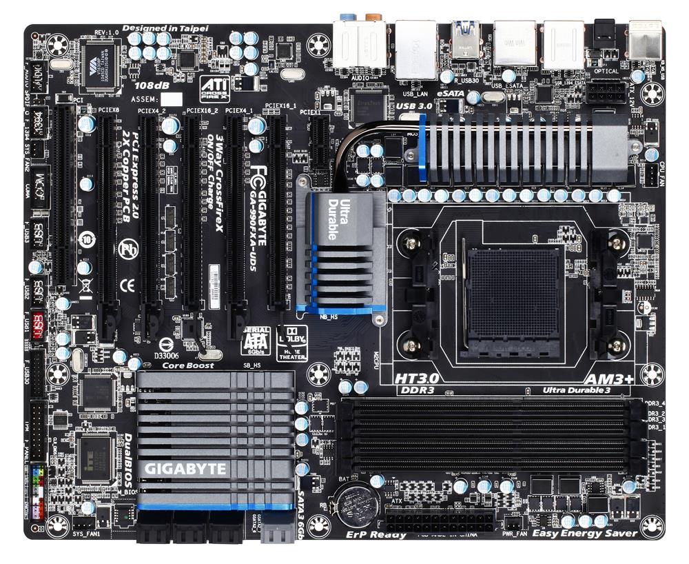 GA-990FXA-UD5(rev.1.x) Gigabyte Socket AM3+ AMD 990FX/ SB950 Chipset AMD AM3+ FX/ AM3 Phenom II/ Athlon II Processors Support DDR3 4x DIMM 6x SATA 6.0Gb/s ATX Motherboard (Refurbished) GA-990FXA-UD5 (rev. 1.x)