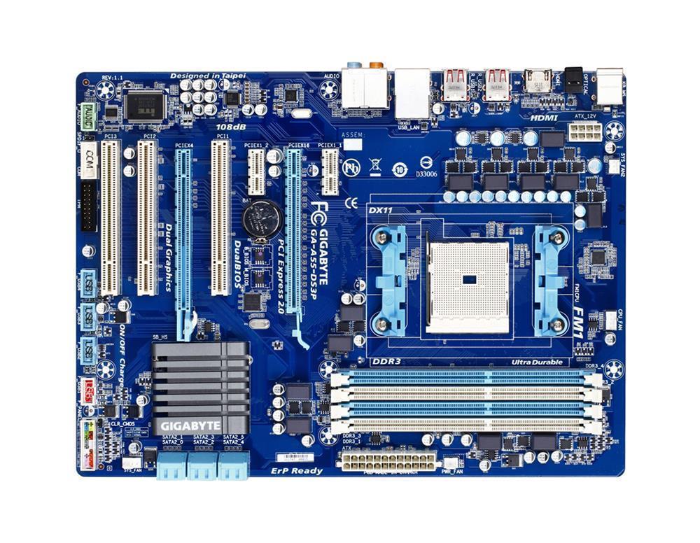 GA-A55-DS3P(rev.1.1) Gigabyte Socket FM1 AMD A55 Chipset AMD A & E2-Series Processors Support DDR3 4x DIMM 6x SATA 3.0Gb/s ATX Motherboard (Refurbished) GA-A55-DS3P (rev. 1.1)