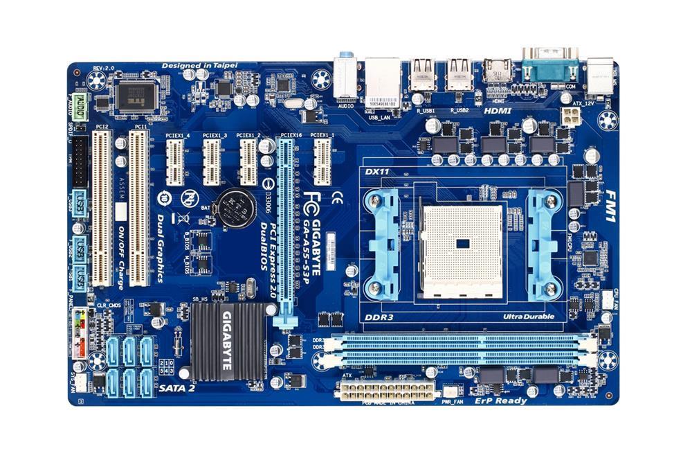 GA-A55-S3P (rev. 1.0) Gigabyte Socket FM1 AMD A75 Chipset AMD A & E2-Series Processors Support DDR3 2x DIMM 6x SATA 3.0Gb/s ATX Motherboard  (Refurbished)
